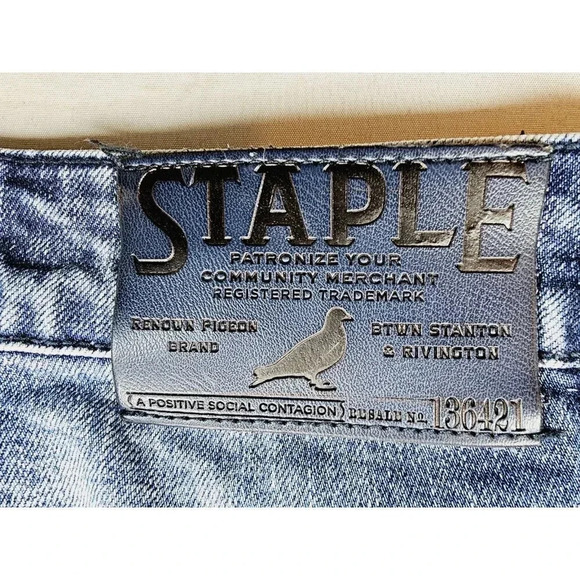 Staple Pigeon Size 40X32 Men's Factory Stich Distressed Blue Denim Logo Jeans - Picture 3 of 13